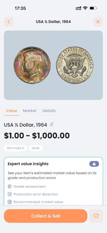 CoinIn identification result for the 1964 Kennedy half dollar