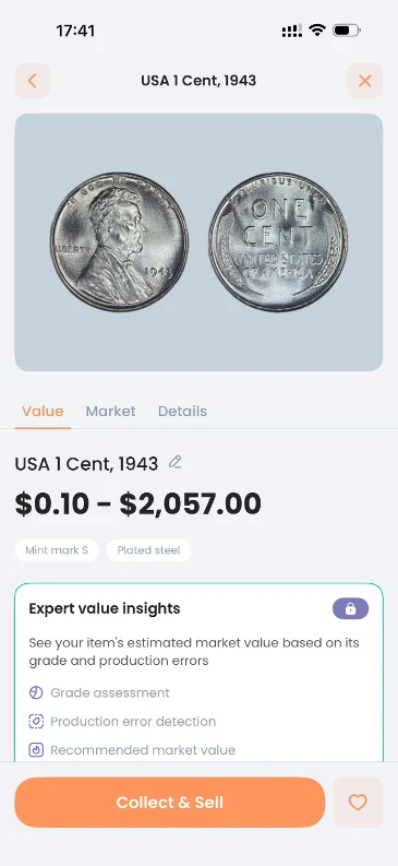 CoinIn identification result for the 1943 Lincoln steel cent