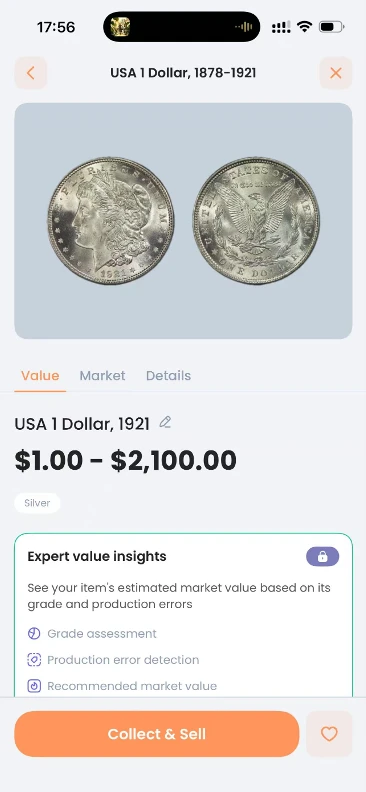 CoinIn identification result for the 1921 Morgan dollar