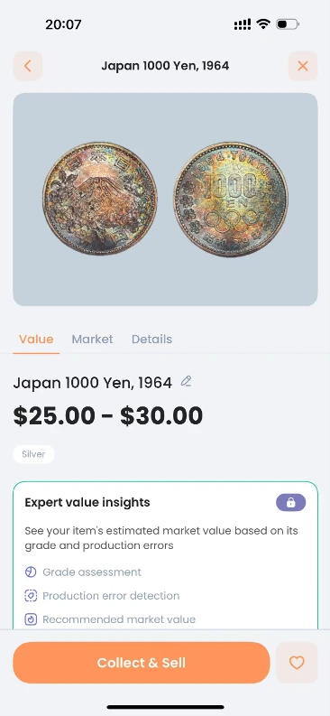 CoinIn identification result for the 1964 Tokyo Olympics 1,000 yen