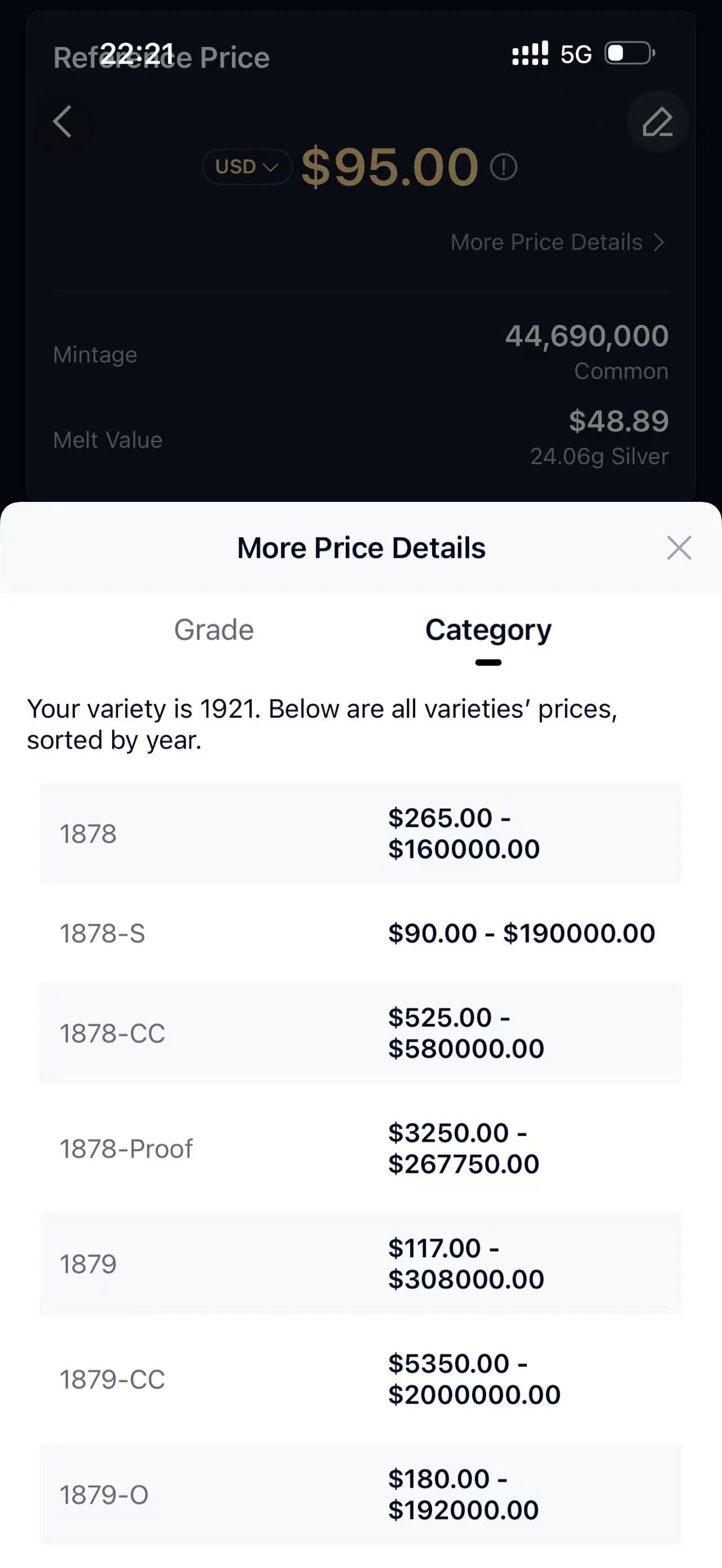 HeriBase Category tab showing price ranges by date, mint mark, and Proof issue
