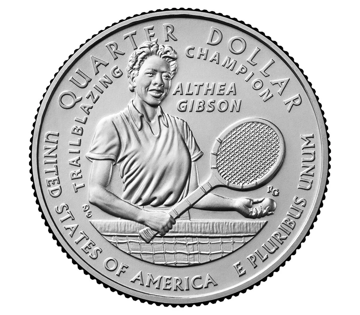 Althea Gibson · 2025 reverse: Gibson with a tennis racket and ball beside a net.