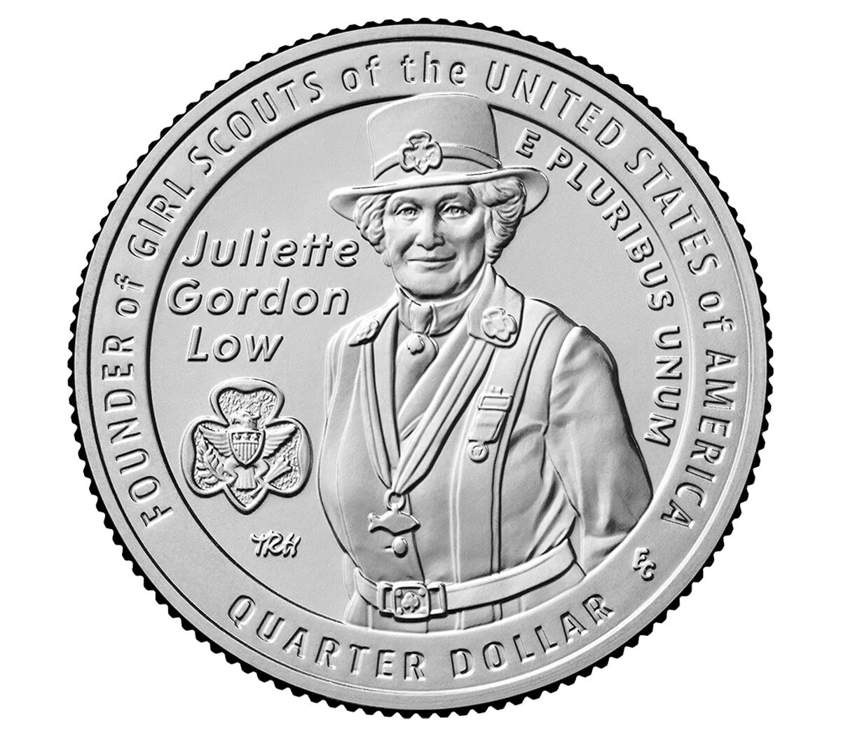 Juliette Gordon Low · 2025 reverse: Low’s portrait beside the Girl Scout trefoil.