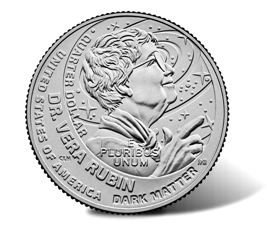 Dr. Vera Rubin · 2025 reverse: An upward-looking profile surrounded by a spiral galaxy.