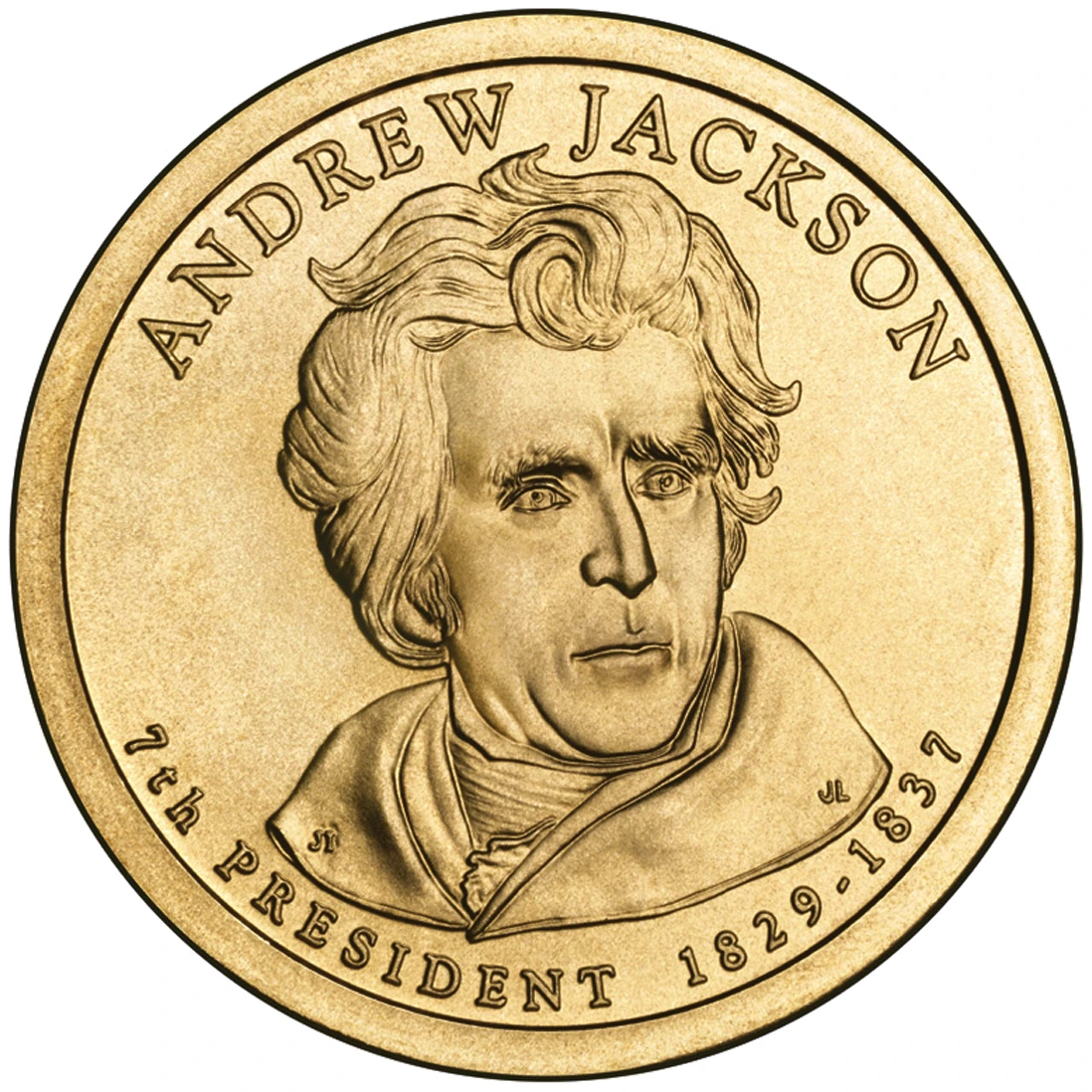 2008 Andrew Jackson dollar · obverse: ANDREW JACKSON and 7TH PRESIDENT 1829–1837 surround the portrait.