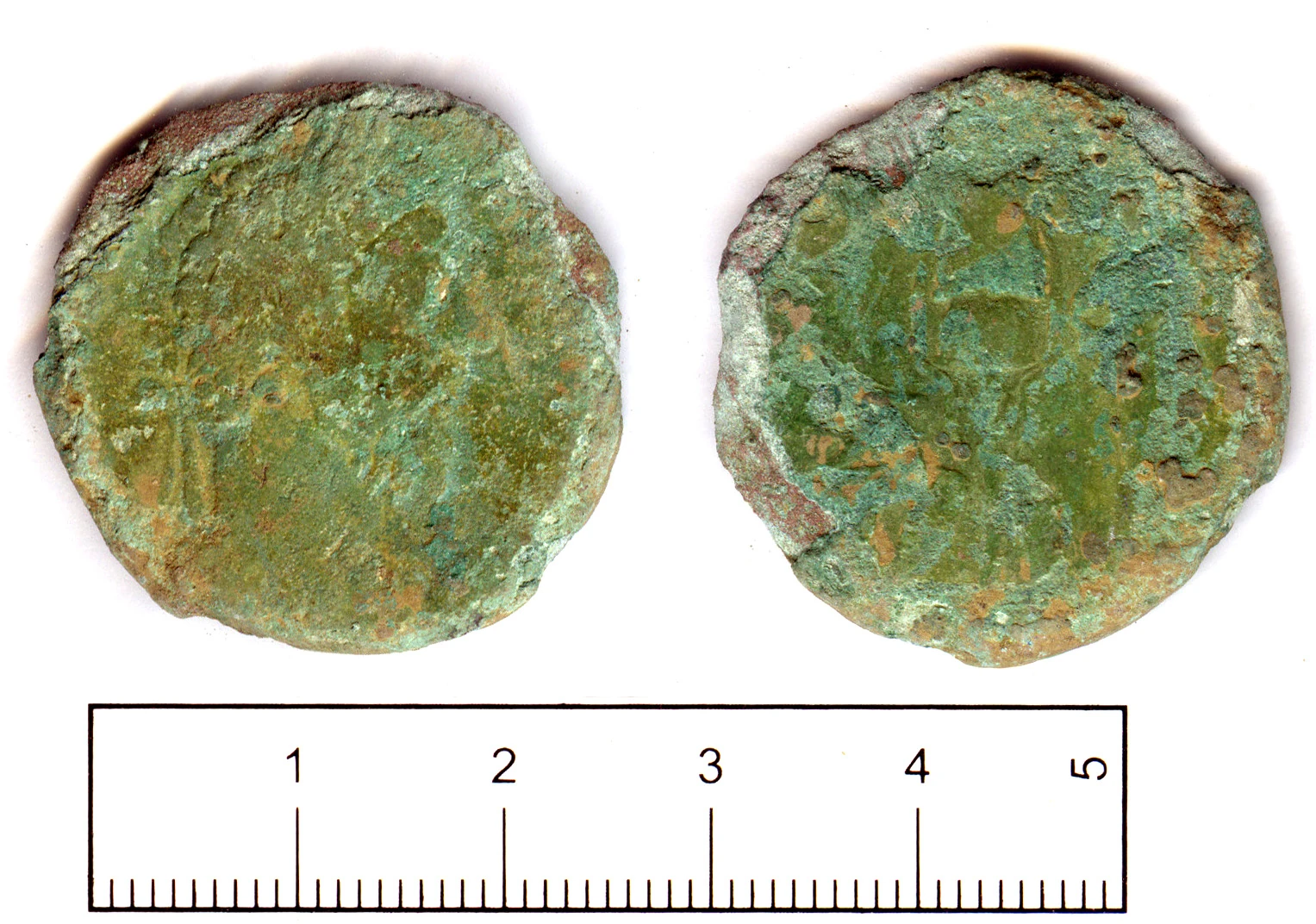 Both sides of a corroded Roman sestertius identified by its source as having bronze disease.