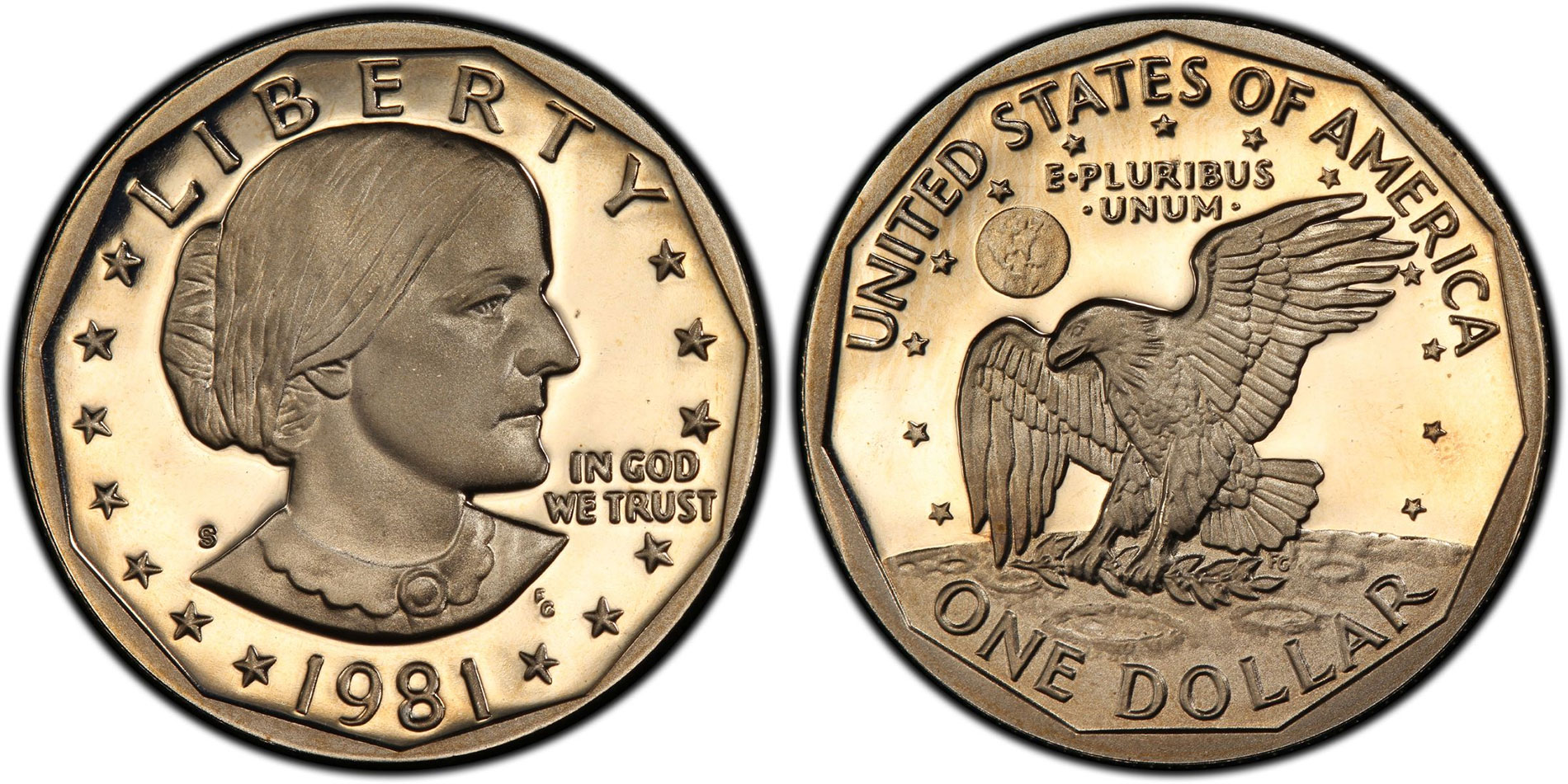 1981-S Type 2 Susan B. Anthony Proof dollar, full obverse and reverse